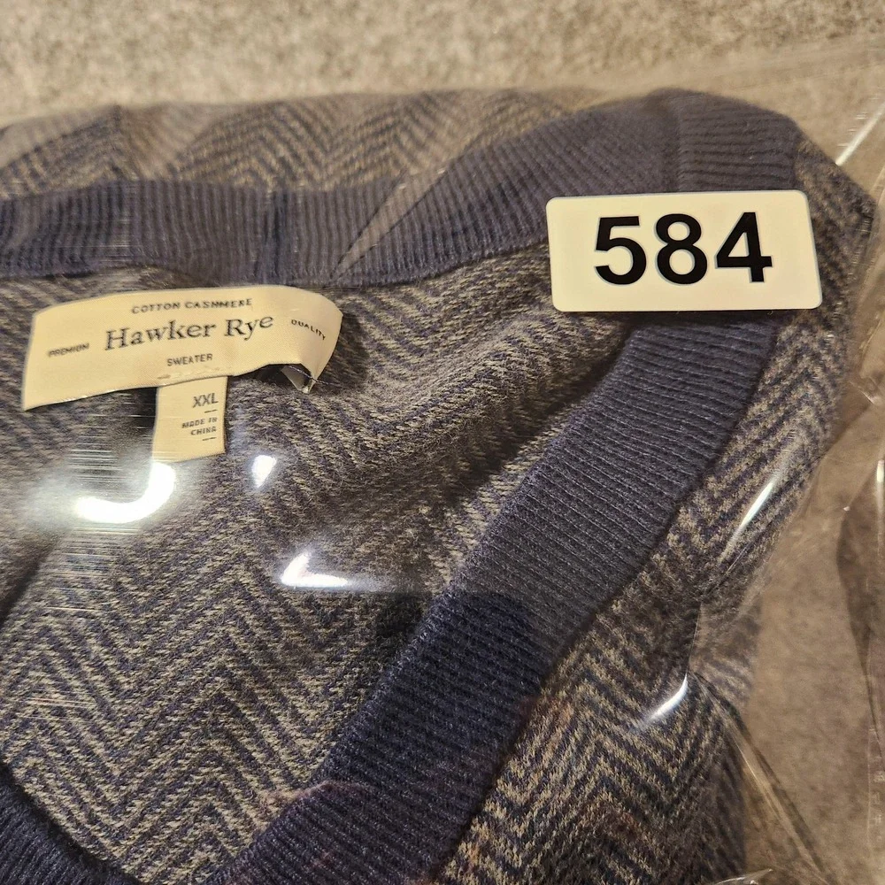 Hawker‎ Rye Sweater Mens 2XL Cotton Cashmere PulloverNavy Herringbone V Neck